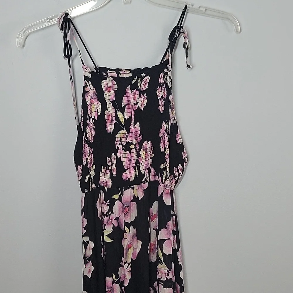 Free People Black Floral Smocked Maxi tiered Dress Long ties on shoulder